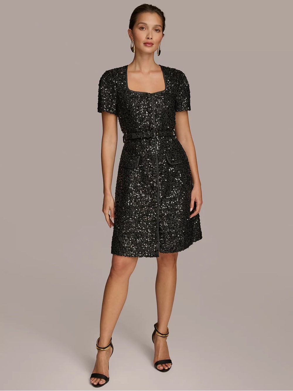 Donna Karan Women's Sequined Belted Black Dress